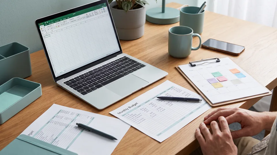 Operations manager's desk with a laptop spreadsheet, a printed budget sheet and a desk calendar