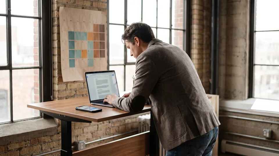 Founder reviewing a meeting scheduling email thread on a laptop, with a phone and a wall calendar nearby