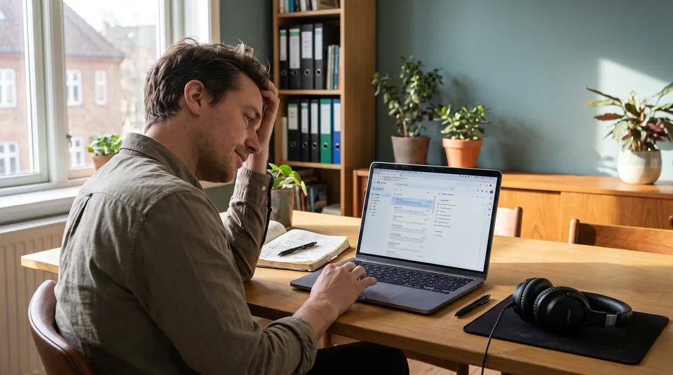 Account manager after a client video call, turning meeting notes into follow-up emails and tasks on a laptop